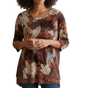 LOGO by Lori Goldstein Leaf Tunic Top Womens Large Fall Brown Mixed Print